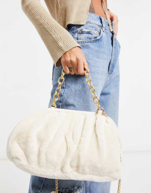 Skinnydip Nova clutch bag with chunky chain in cream faux fur