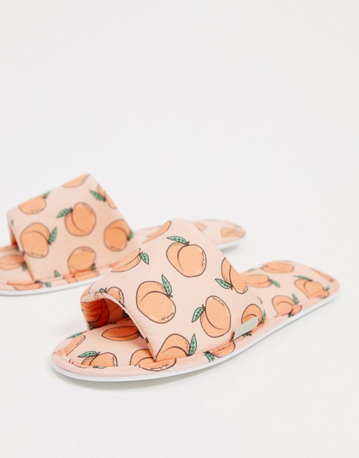 Skinnydip Peachy print slippers in peach