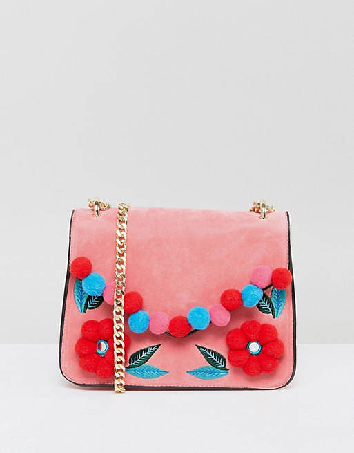 Skinnydip Pink Cross Body Bag with Floral Pom Detail