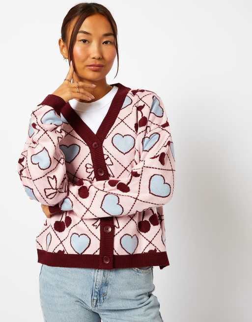 Skinnydip Quilted cherry & bow cardigan in multi in pink