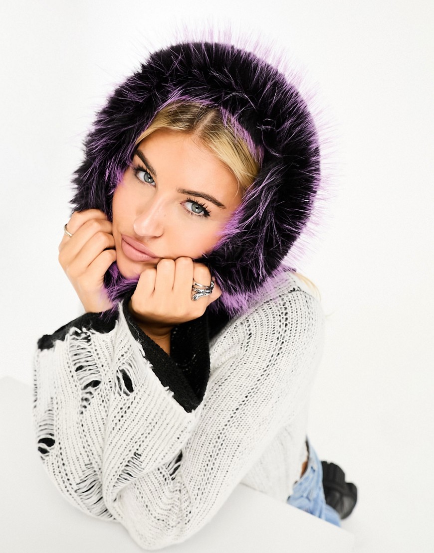 Skinnydip ribbed balaclava with faux fur trim in black and purple