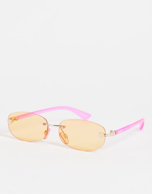 Skinnydip Rimless Narrow Festival Sunglasses In Pink With Orange Tinted Lens Asos 