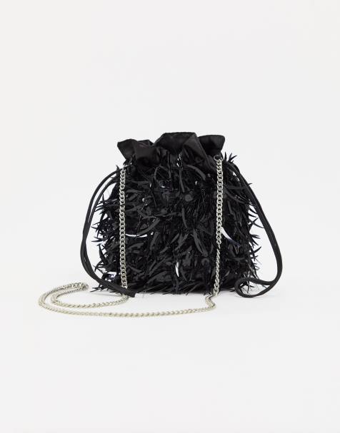 Skinnydip - Sac bandoulière à cordons avec ornements pailletés façon plumes - Noir