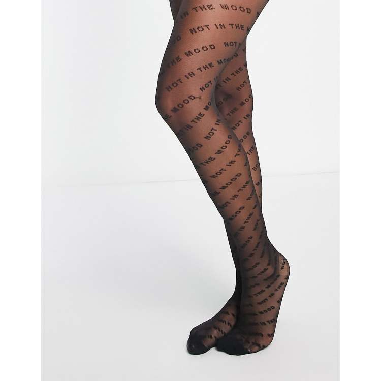 Skinnydip sheer black tights with not in the mood wavy slogan