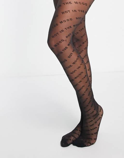 Skinnydip sheer black tights with 'not in the mood' wavy slogan