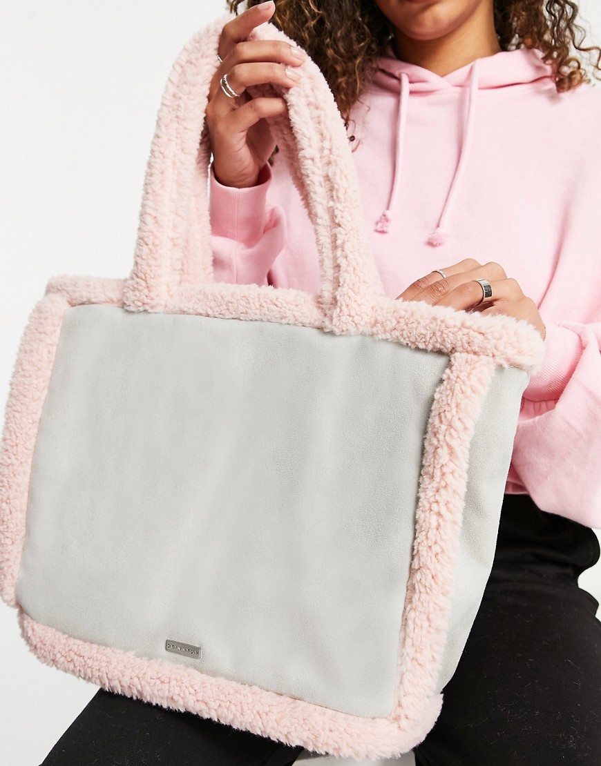 Skinnydip sherpa trimmed tote bag in pastel blue and pink-Blues