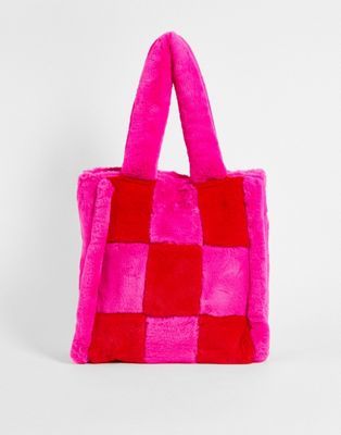 Skinnydip Sonya fluffy checkerboard tote bag in pink and red