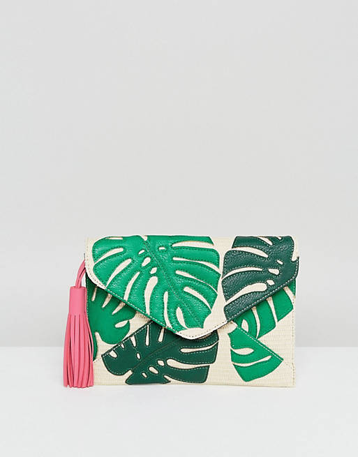 Skinnydip Straw Envelope Clutch Bag With Palm Leaf