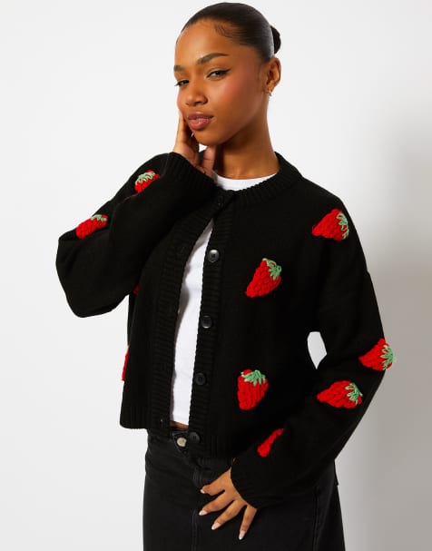 Skinnydip Strawberry applique black knitted cardigan in black - view 1
