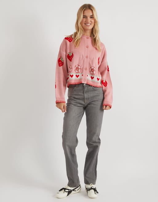 Skinnydip Strawberry shortcake 3d knitted cardigan in pink, 4 of 4