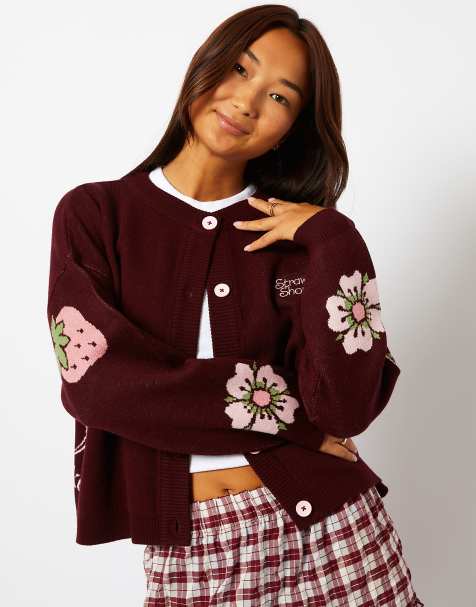 Skinnydip Strawberry shortcake x skinnydip burgundy knitted cardigan in red - view 1
