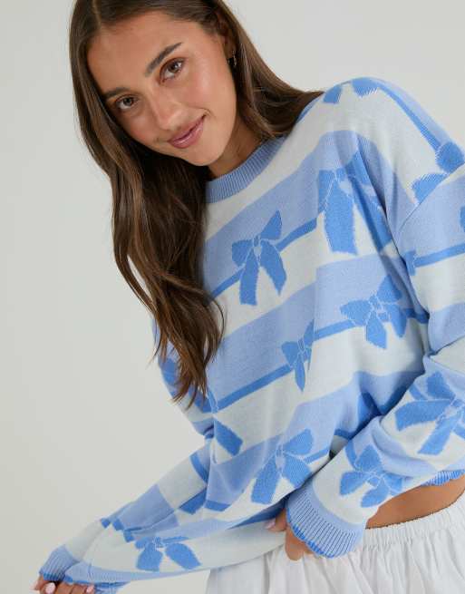 Skinnydip Stripe bow knitted jumper in blue, 2 of 4