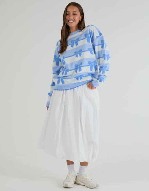 Skinnydip Stripe bow knitted jumper in blue, 3 of 4