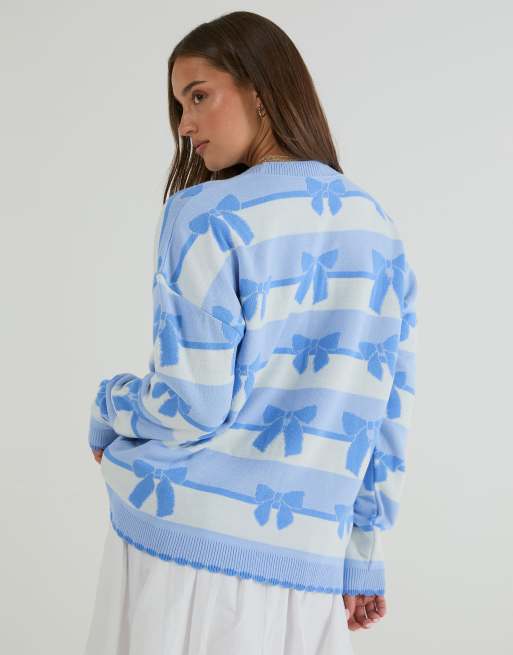 Skinnydip Stripe bow knitted jumper in blue, 4 of 4