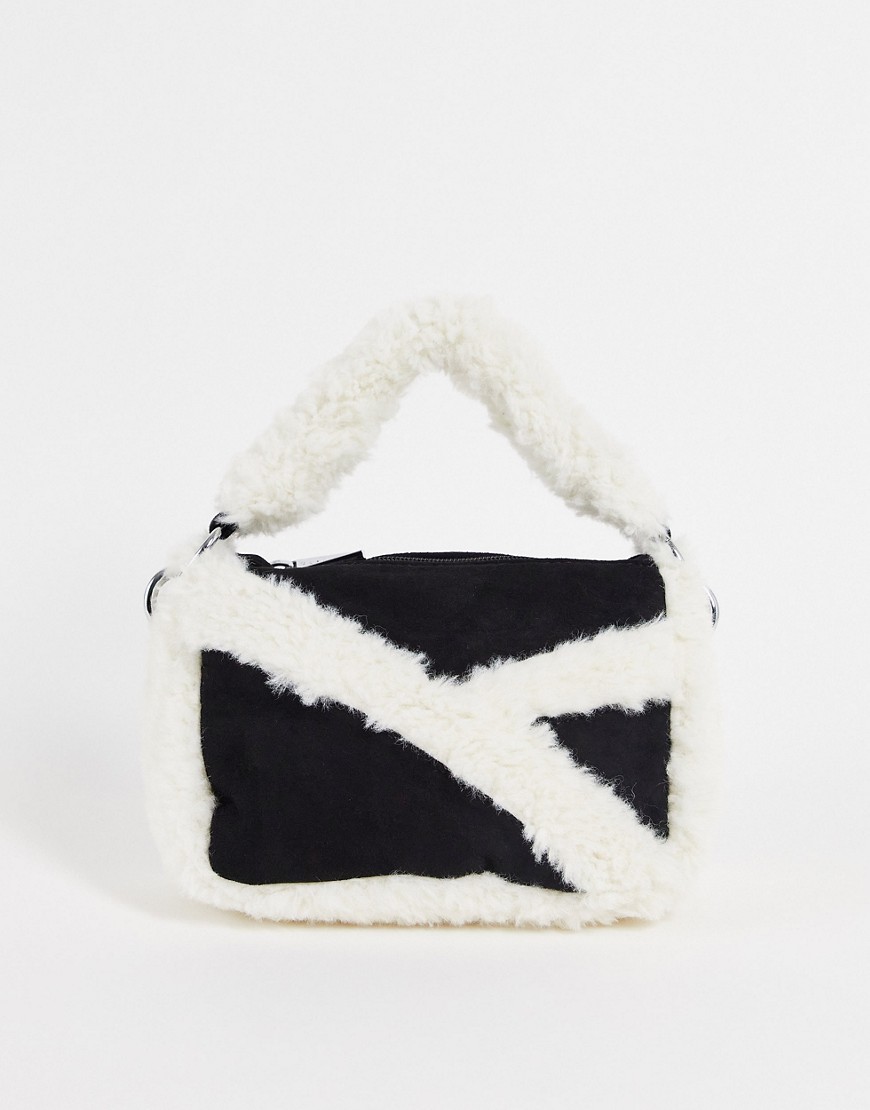 Skinnydip Tia fluffy fleece panel cross body bag in black and white-Multi
