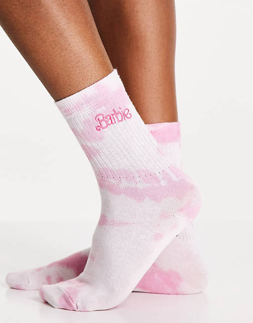 Skinnydip x Barbie logo socks in pink tie dye