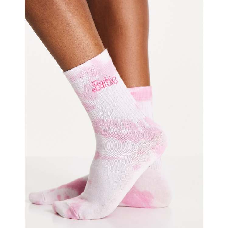 Skinnydip x Barbie logo socks in pink tie dye