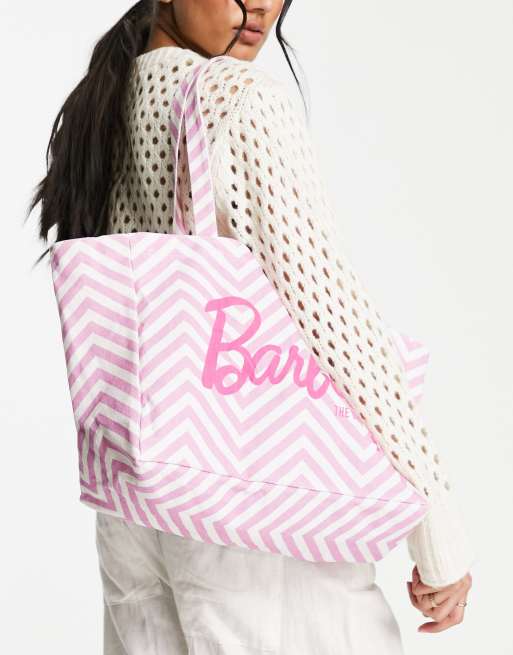 20 Pink & White Chevron Patterned Straw Beach Tote Bag with