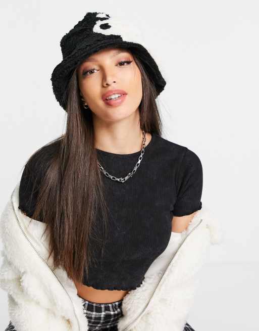 Skinnydip yin yang fluffy bucket hat in black and white ASOS