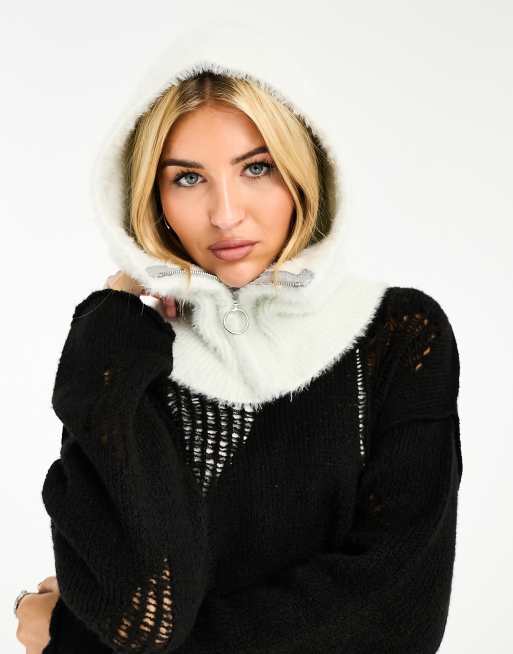 Skinnydip zip up balaclava in cream eyelash knit
