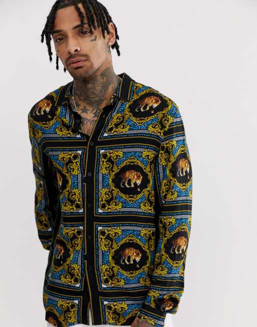 Skjorte i regulær pasform med placementprint i barokstil med leopard fra ASOS DESIGN