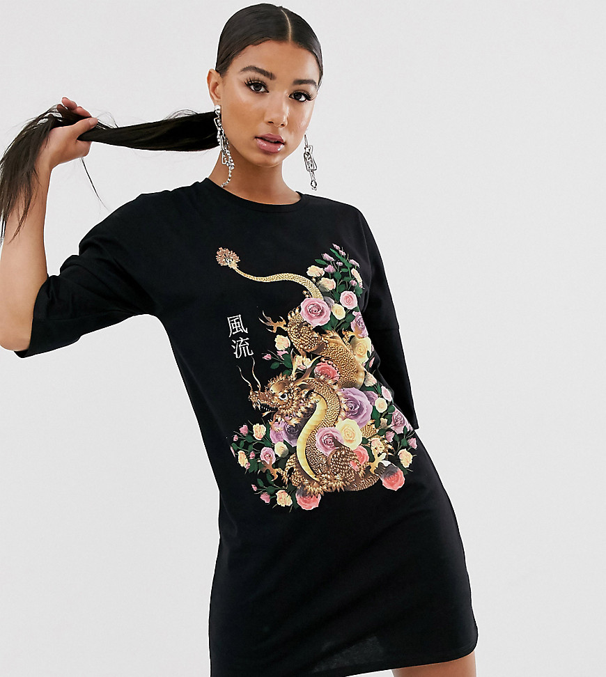 Skjortekjole med drageprint fra Rokoko oversized-Sort