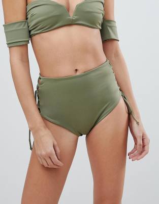 Skye & Staghorn High Waisted Stripe Lace Up Bikini Bottom-Green