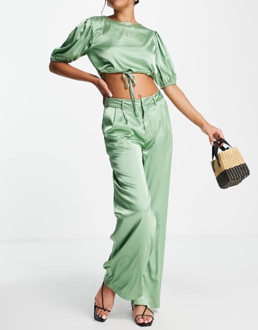 Skylar Rose 2 piece satin wide leg trousers with crop top set in sage green