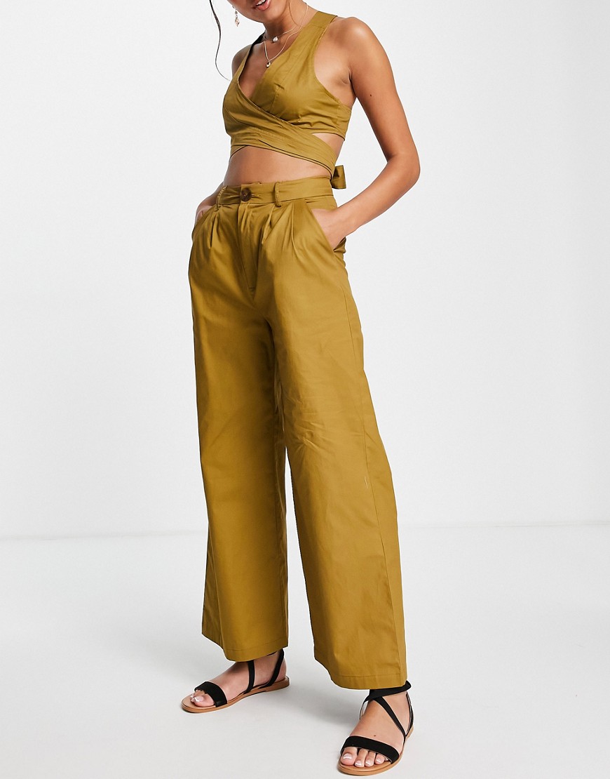 Skylar Rose 2-piece set with wide leg pants and strappy back crop top in khaki-Green
