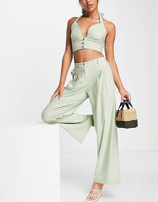 Skylar Rose 2 piece wide leg trousers with halter neck crop top set in sage green