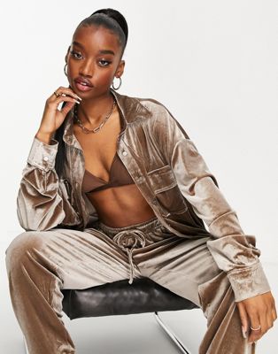 Skylar Rose 3 piece velour oversized shirt co-ord in chocolate brown