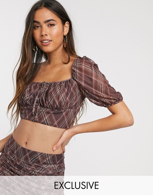 Skylar Rose crop top with balloon sleeves in diagonal check