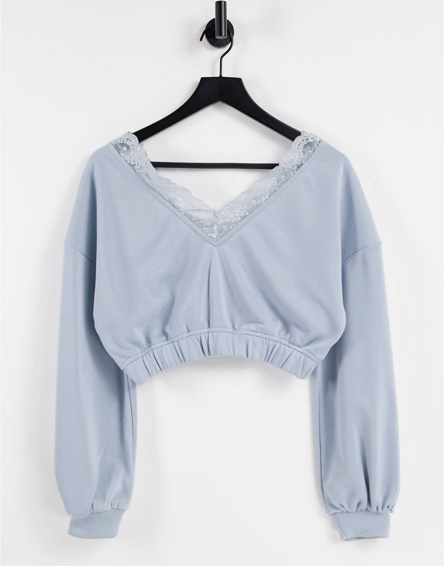 Skylar Rose cropped v-neck lounge sweatshirt with lace trim - part of a set-Blues