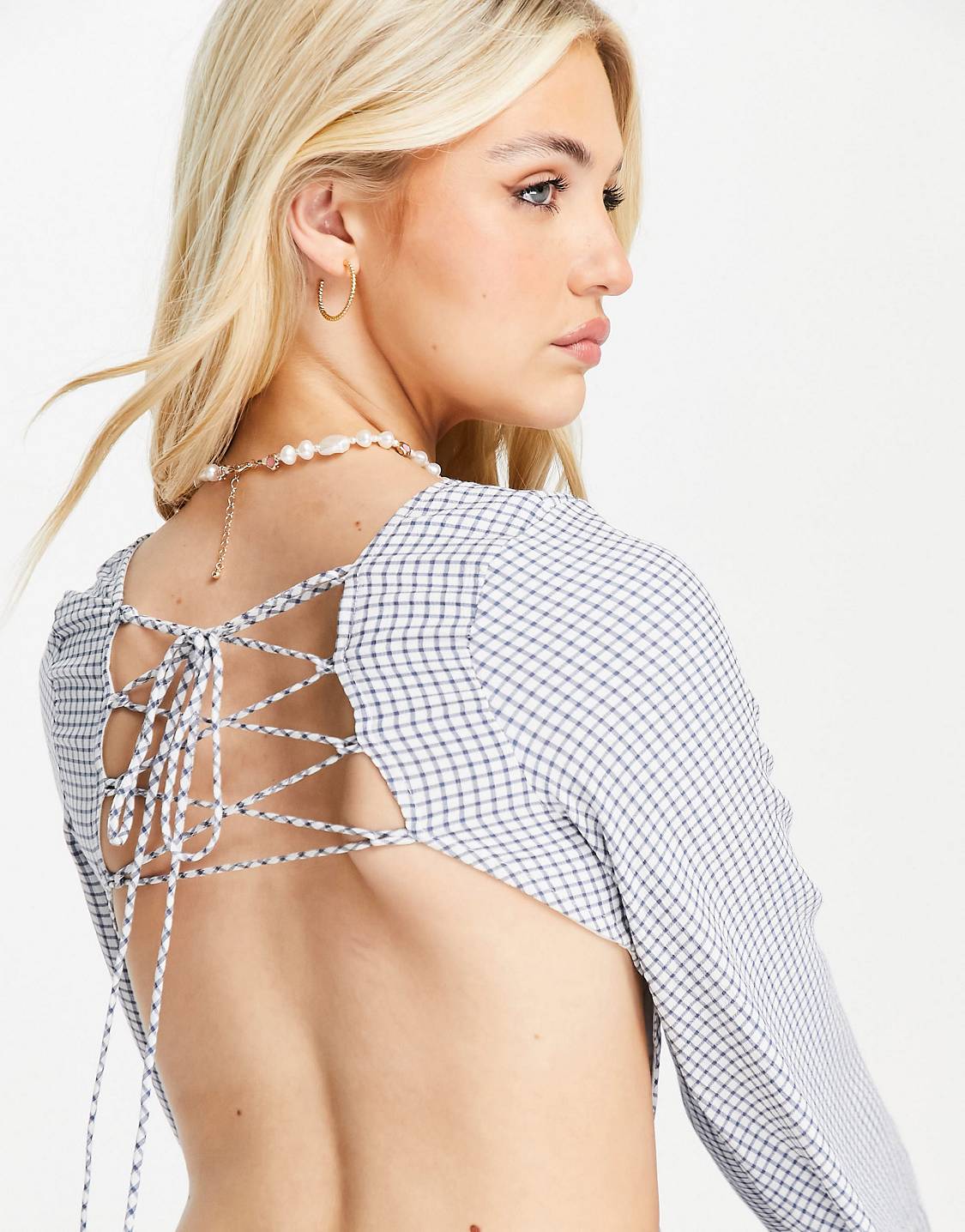 Skylar Rose cut out lace up back gingham midi dress in blue