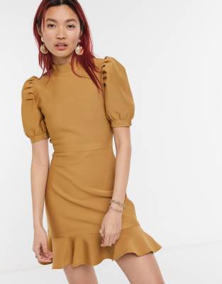 Skylar Rose Knitted Mini Skater Dress With Balloon Sleeves-brown