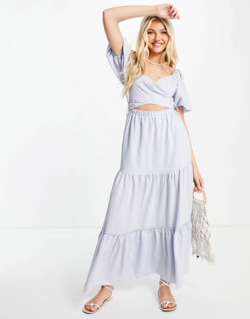 Skylar Rose - Lange jurk met pofmouwen, stroken en gestrikte achterkant in blauw