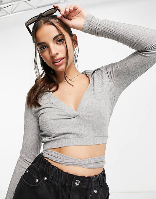 Skylar Rose long sleeve open back crop top with collar and tie waist