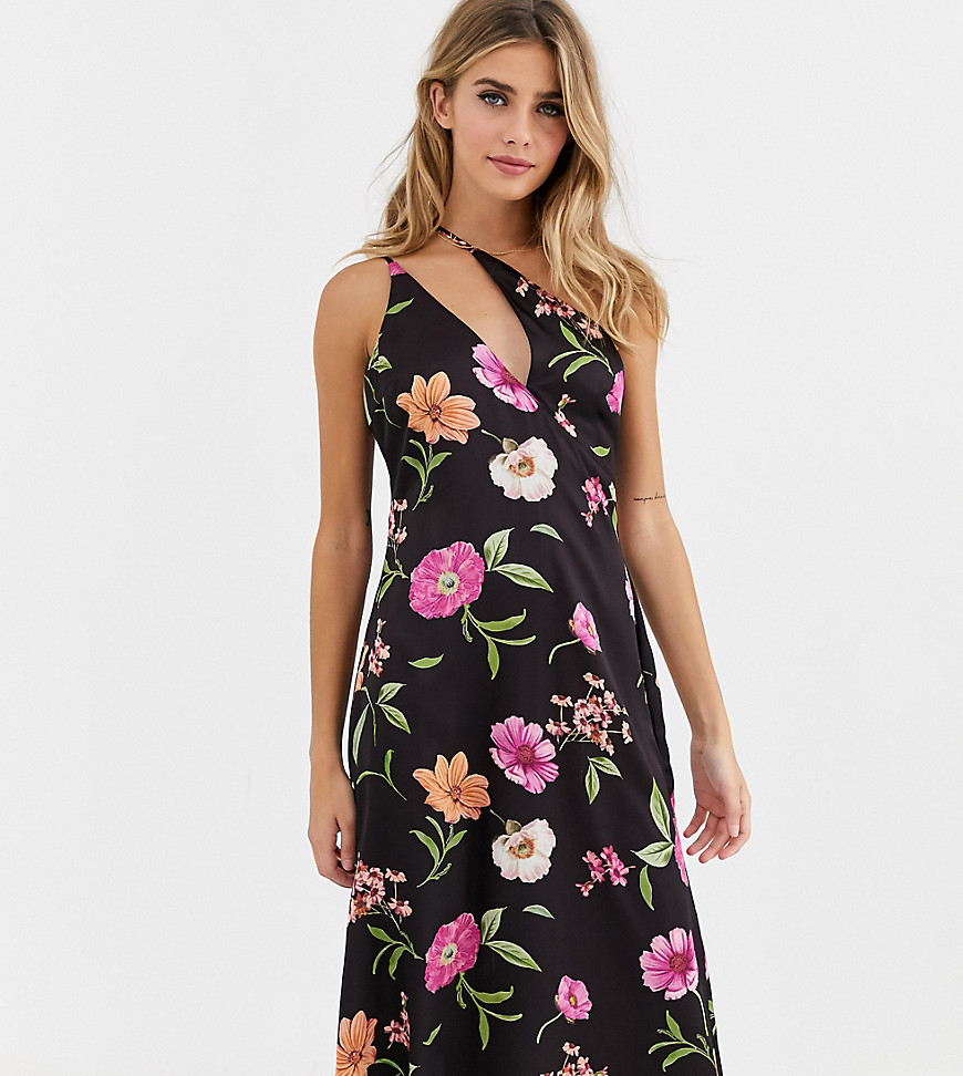 Skylar Rose midi dress with asymmetric cami straps in romantic floral satin-Brown
