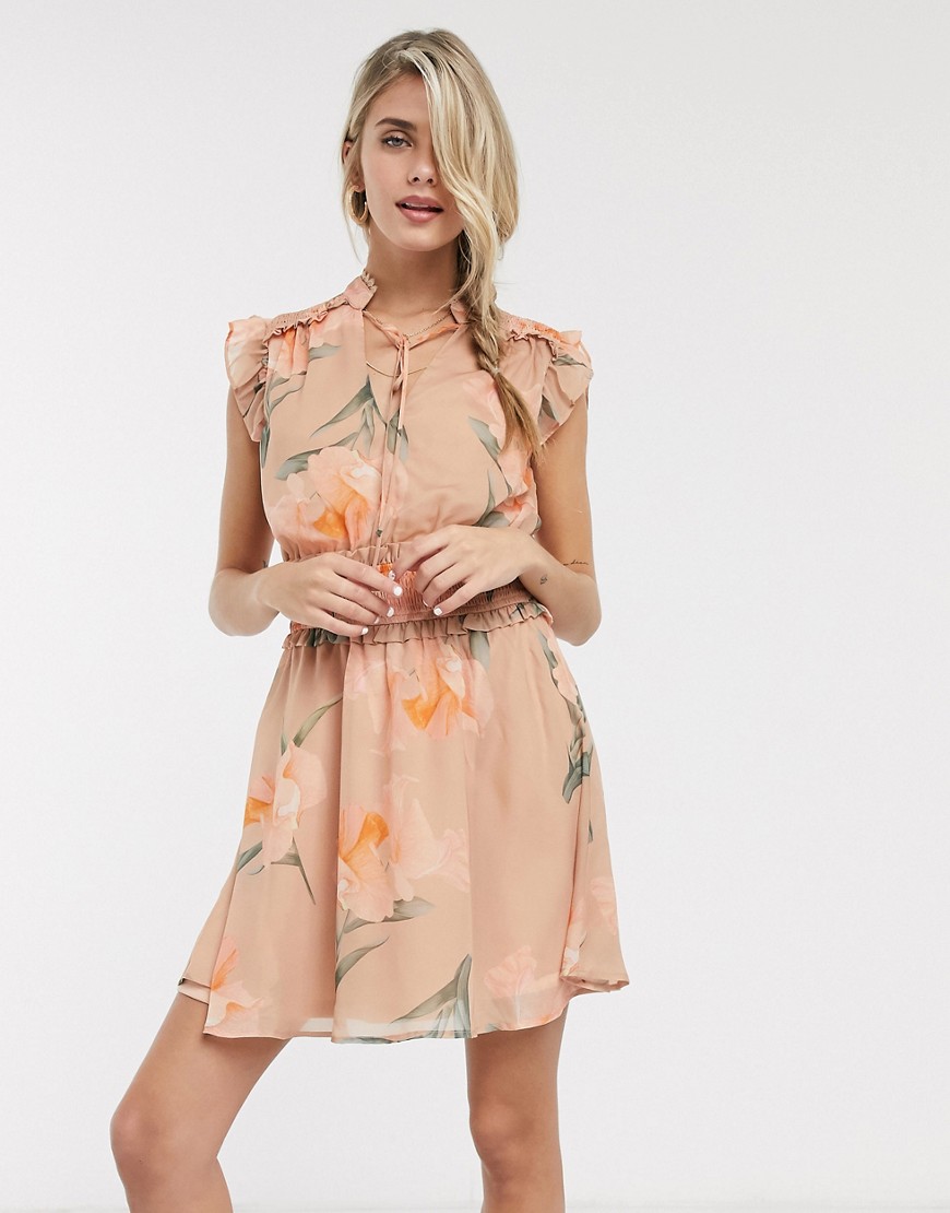 Skylar Rose mini dress with shirred waist and tie neck in vintage floral-Pink