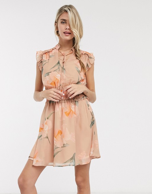 Skylar Rose mini dress with shirred waist and tie neck in vintage floral