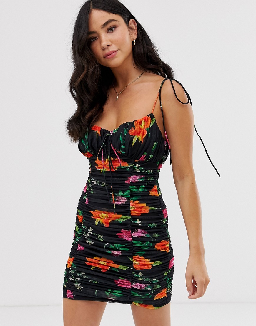 Skylar Rose - Mini-jurk met strikje op de schouder met gerimpelde bloemenprint-Zwart
