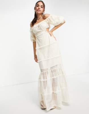 Skylar Rose Off Shoulder Maxi Dress In Lace Tiers-white | ModeSens