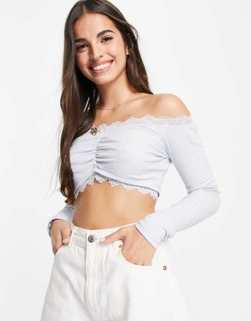 Skylar Rose off shoulder ruched front crop top with lace trim