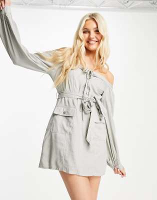 Skylar Rose Off Shoulder Utility Dress With Tie Front In Sage Green