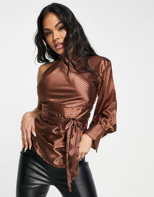Skylar Rose one shoulder ruched detail blouse in chocolate brown