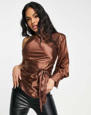 Skylar Rose Skylar Rose one shoulder ruched detail blouse in chocolate brown