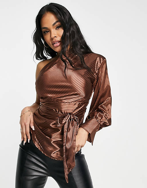 Skylar Rose one-shoulder ruched detail blouse in chocolate brown