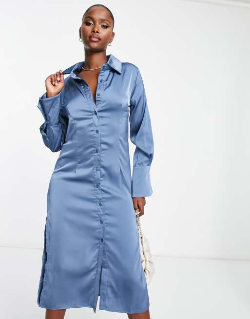 Skylar Rose open back midi shirt dress in blue | ASOS