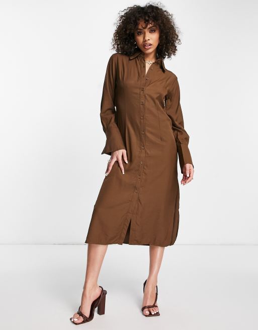 Skylar Rose open back midi shirt dress in chocolate brown