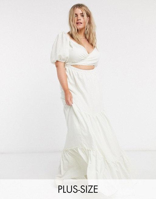 Skylar Rose Plus belted maxi dress with tiered skirt and puff sleeves